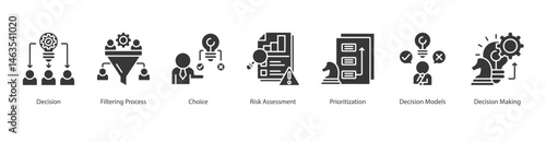 Decision Making Process web banner icon sheet vector decision, filtering process, choice, risk assessment, prioritization, decision models, decision making