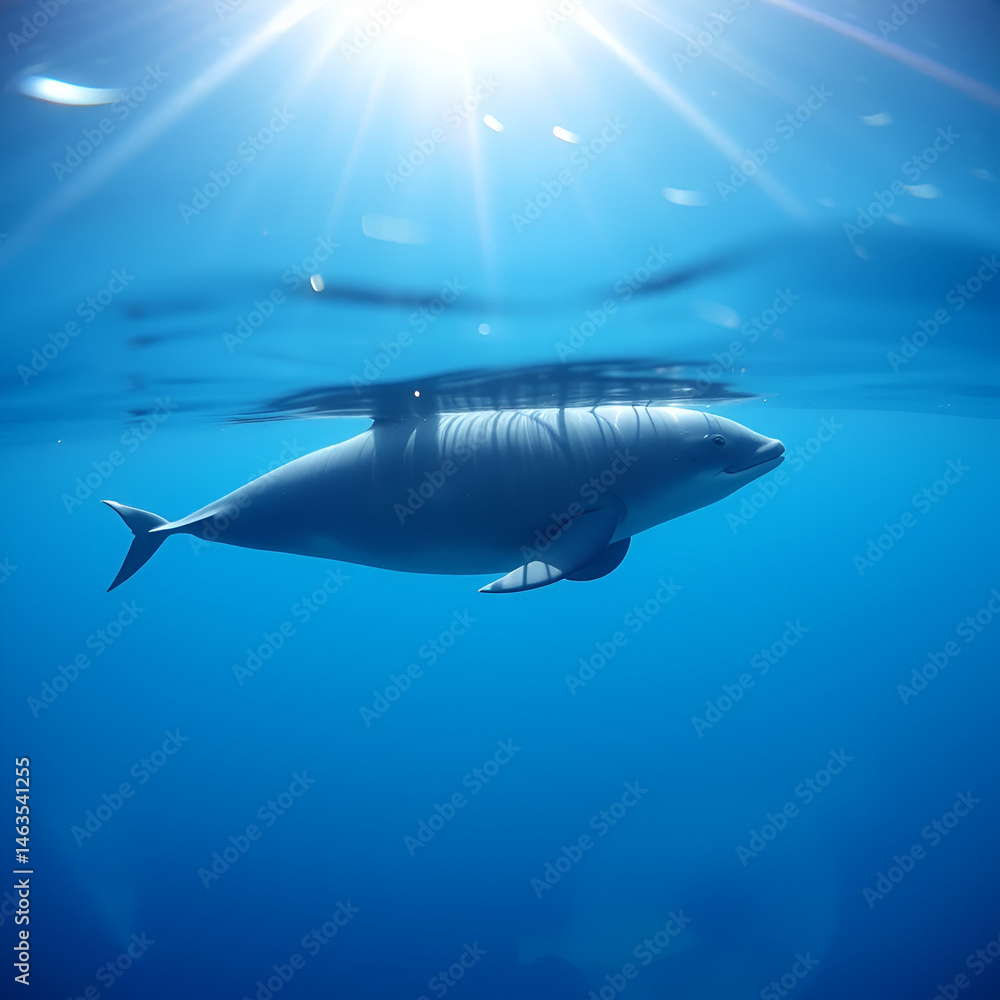 Obraz premium Vaquita porpoise gracefully swims in clear blue ocean water under shimmering sunlight