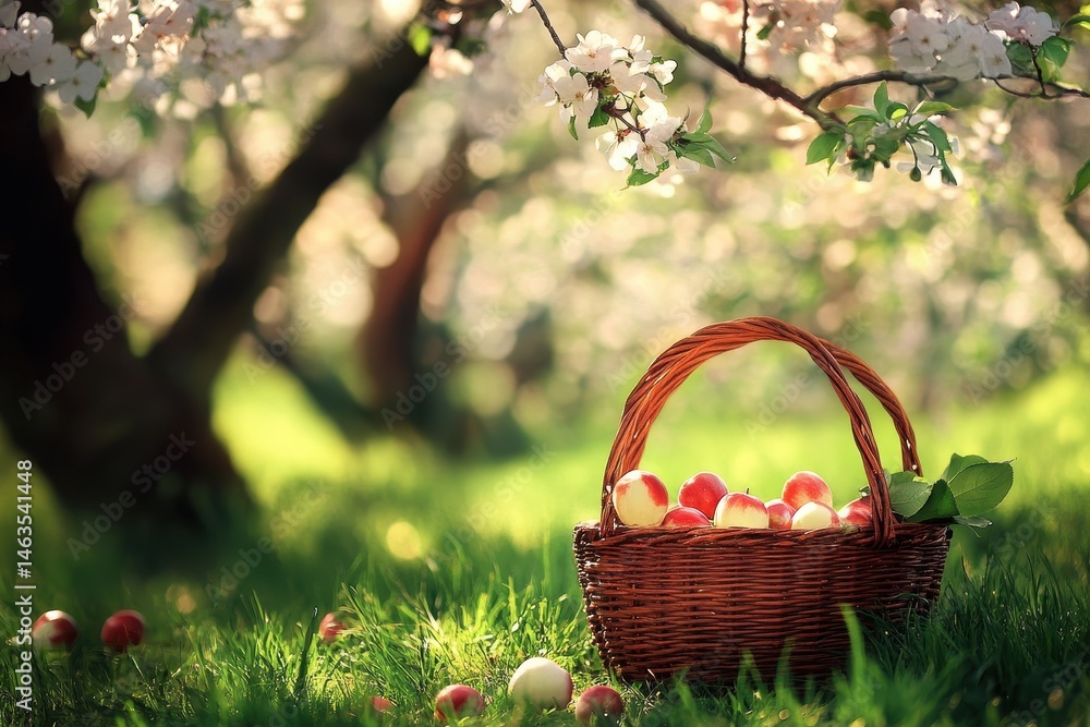 Apple Harvest in Orchard Basket on Grass Under Blossoming Tree Low Angle Springtime Apple Harvest in Orchard Basket on Grass Under Blossoming Tree Low Angle Springtime