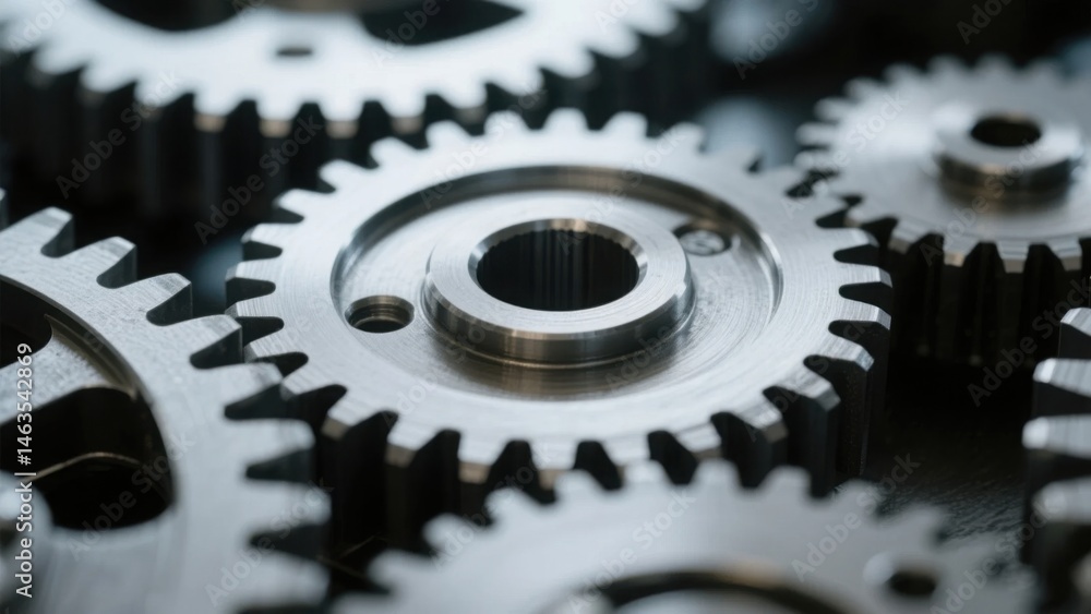 Close-up of interlocking gears with metallic sheen, precision mechanics in motion, symbolizing industrial efficiency and intricate engineering. Close-up of interlocking gears with metallic sheen, precision mechanics in motion, symbolizing industrial efficiency and intricate engineering.
