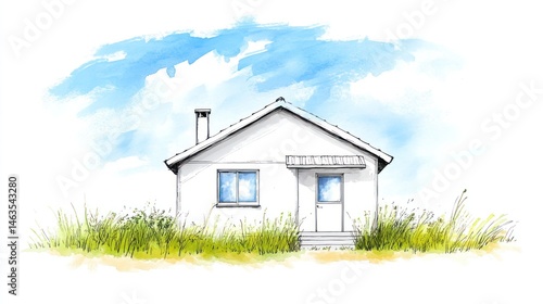 Wallpaper Mural Watercolor Sketch of a Cozy Cottage Nestled in Grassy Field under a Light Blue Sky Torontodigital.ca
