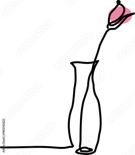 Minimalist one line drawing of a flower in a vase with a pink petal, perfect for art or coloring activity.