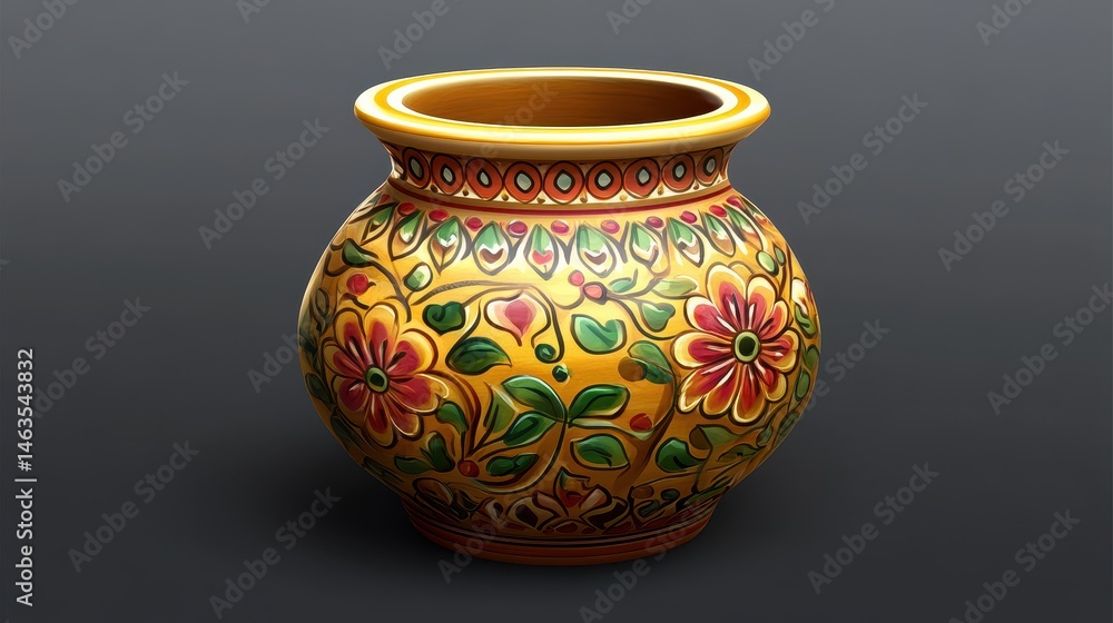 Still life of a decorative ceramic vase with floral painting against a dark background studio shot art object Still life of a decorative ceramic vase with floral painting against a dark background studio shot art object