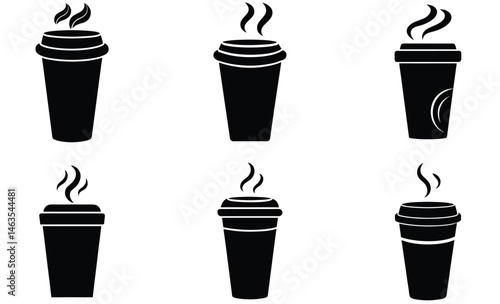 Smoky Disposable Coffee Cup Vector Silhouette Set – Hot Beverage Mug with Rising Steam Clipart for Café, Morning Drink, and Cozy Lifestyle Illustrations