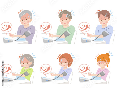 血圧を測る家族のイラストセット