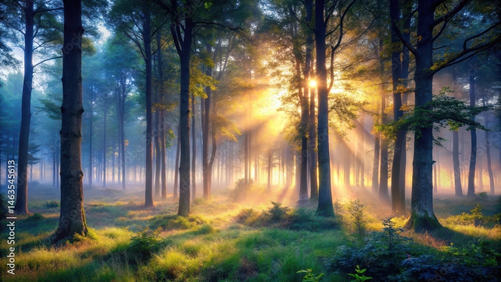 Mysterious forest at dawn with mist and trees, atmosphere, enchantment Mysterious forest at dawn with mist and trees, atmosphere, enchantment