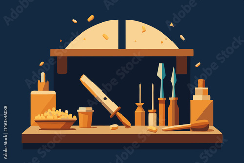 woodcarver s study with sawdust  chisels  