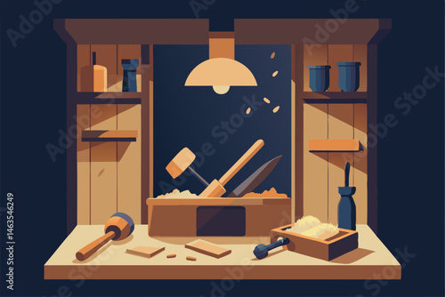 woodcarver s study with sawdust  chisels 