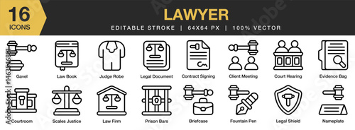 Lawyer icon set. Editable Stroke Icon Collection. Includes attorney, finance, document, contract, judge, gavel, and More. Outline icons vector collection.
