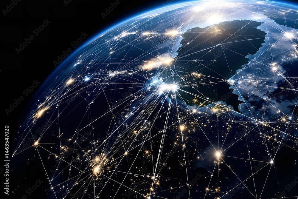 Global Network Connection: Earth from Space with City Lights and Interconnected Data Lines - High Resolution Stock Photo Global Network Connection: Earth from Space with City Lights and Interconnected Data Lines - High Resolution Stock Photo