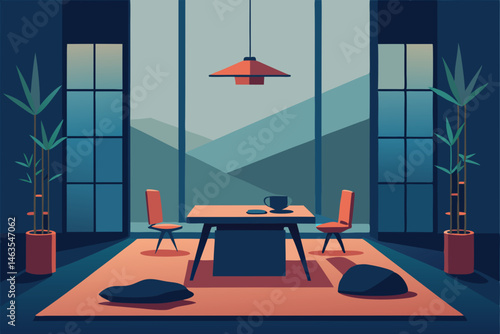 zen inspired office with bamboo furniture and rock 