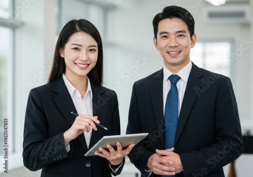 Two business professionals smiling in suits with a tablet device