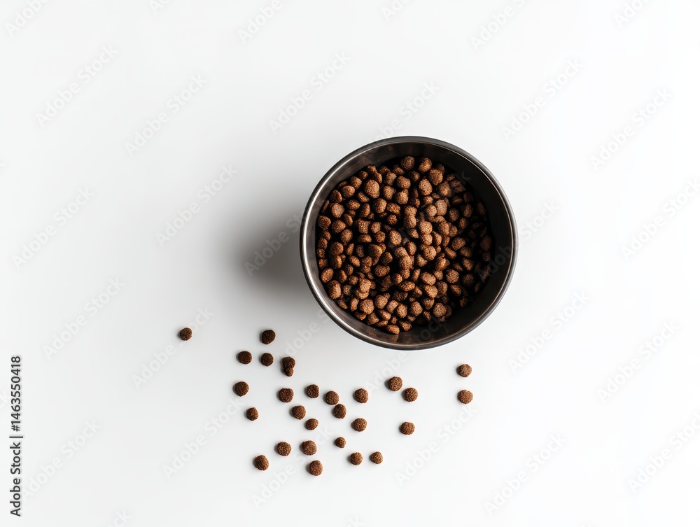 Dog food in metal bowl on white background studio shot from above showing pet nutrition and scattered kibble Dog food in metal bowl on white background studio shot from above showing pet nutrition and scattered kibble