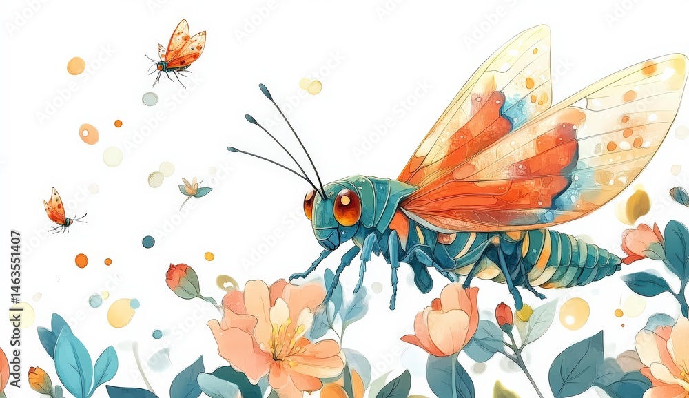 Fototapeta premium Watercolor Insect on Peach Blossoms