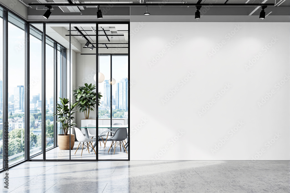 custom made wallpaper toronto digitalContemporary office interior with glass meeting room, large windows, potted plants, and white wall background in bright natural light. Ai generative