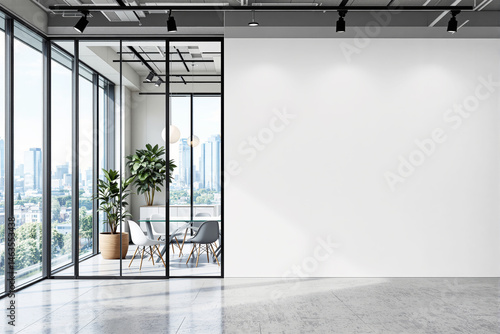 Wallpaper Mural Contemporary office interior with glass meeting room, large windows, potted plants, and white wall background in bright natural light. Ai generative Torontodigital.ca