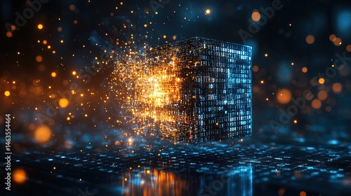 A digital cube breaking apart into binary code, high-tech digital transition