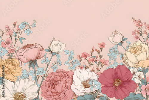 Fototapeta Naklejka Na Ścianę i Meble -  Pastel floral illustration border design with various blossoms.