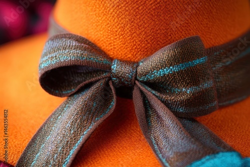Orange felt hat with brown and blue ribbon bow close up studio shot fashion accessory millinery