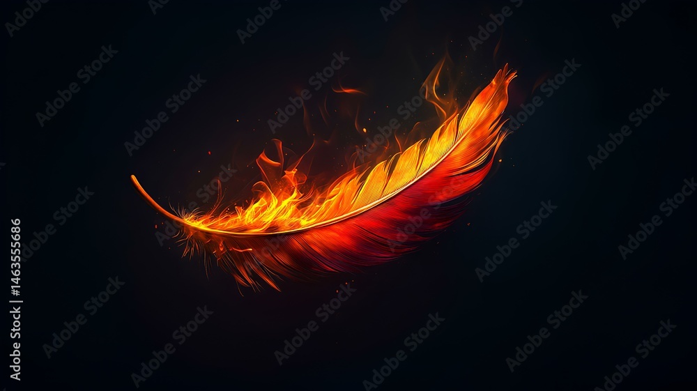 Fototapeta premium Burning feather isolated on black background