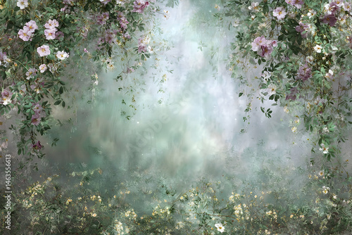 Floral, pastel scene of a dreamy garden.