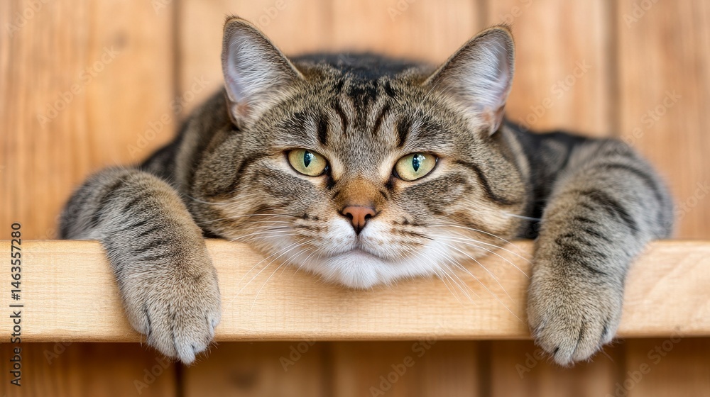 Relaxed Tabby Cat Resting on Wooden Shelf in Cozy Interior Relaxed Tabby Cat Resting on Wooden Shelf in Cozy Interior