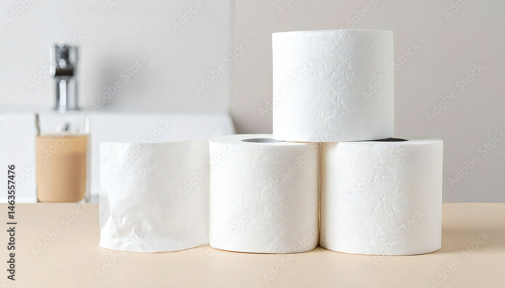 Obraz premium バスルームに積み重ねられた白いトイレットペーパー。White toilet paper stacked in a bathroom.