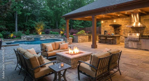 Outdoor living space with fire pit and pool at dusk