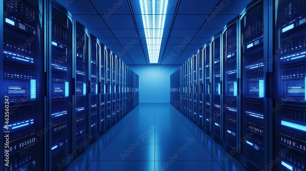 青い光が照らすサーバー室の通路 データセンターのコンピューター機器とネットワークインフラ 青い光が照らすサーバー室の通路 データセンターのコンピューター機器とネットワークインフラ