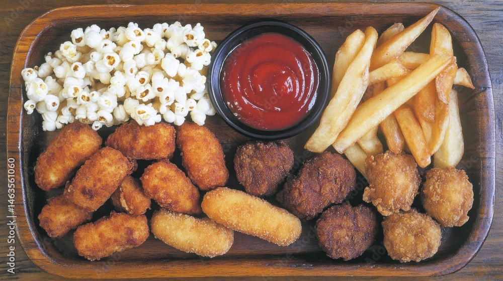Naklejka premium Chicken popcorn bites and nuggets together on a rustic wood plate, served with smooth ketchup dip