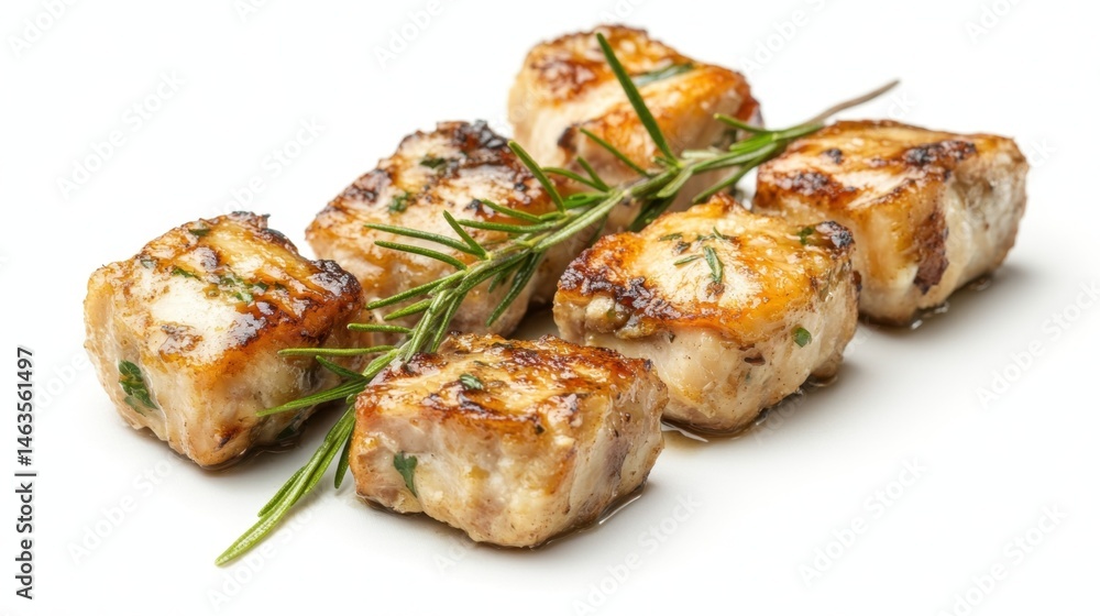 Close-up of roasted chicken cubes with a glossy finish, isolated on a white background, showcasing their succulence Close-up of roasted chicken cubes with a glossy finish, isolated on a white background, showcasing their succulence