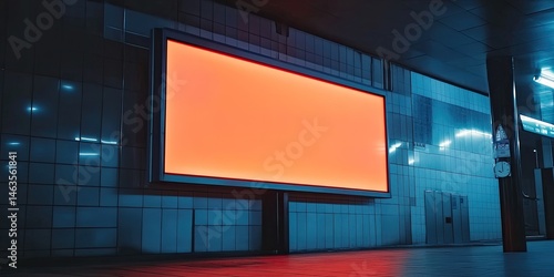 Orange Billboard Glows in Blue Subway Station Ready for Your Ad.