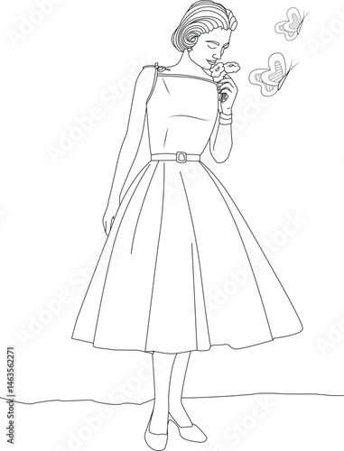 Vintage 1950s Fashion Line Art - Woman with Flowers and Butterflies, Elegant black and white line art illustration depicting a stylish woman in a classic 1950s dress, holding flowers, with delicate 