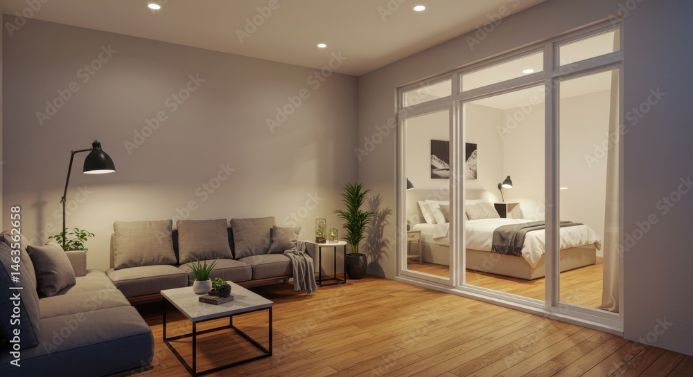 Fototapeta premium Living room with view of bedroom through glass doors