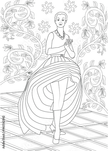 Elegant Woman in 1950s Fashion Illustration, Black and white line art illustration of an elegant woman wearing a voluminous dress characteristic of 1950s fashion. The figure is set against a 