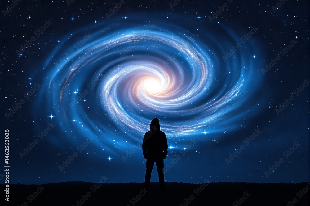 Fototapeta premium Silhouette of a person standing under a glowing spiral galaxy, creative cosmic style on a starry deep space background, concept of wonder and exploration. Ai generative