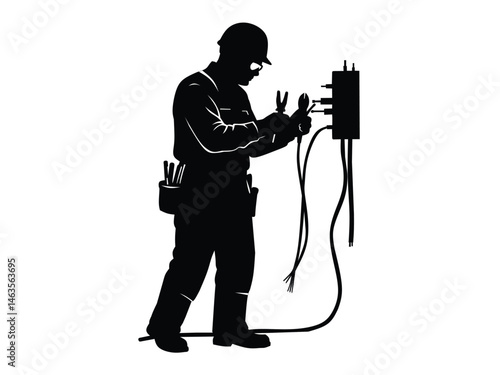 silhouette of workers repairing electrical installations in safety clothing