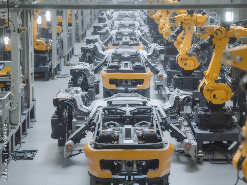 オレンジ色のロボットアームが並ぶ自動車製造工場の高角度ビュー、白熱電球による均一な照明 オレンジ色のロボットアームが並ぶ自動車製造工場の高角度ビュー、白熱電球による均一な照明