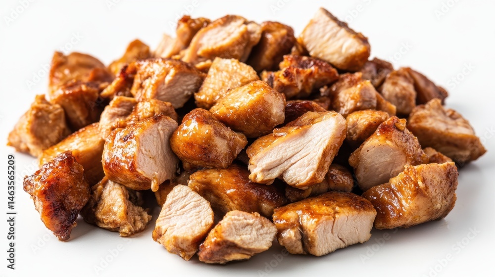 Pile of roasted chicken cubes stacked randomly on a white background, showcasing their crispy exteriors Pile of roasted chicken cubes stacked randomly on a white background, showcasing their crispy exteriors