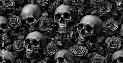 Fototapeta Naklejka Na Ścianę i Meble -  Human skulls surrounded by blooming roses and leaves in a surreal artistic style on a dark background. Concept of mortality and beauty. Ai generative
