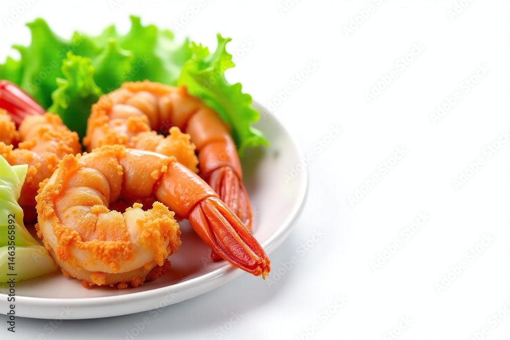 Tempura shrimp and vegetables on white background, lunch, aesthetic Tempura shrimp and vegetables on white background, lunch, aesthetic