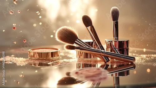 Elegant makeup brushes and powder on a reflective surface with sparkling droplets in the background