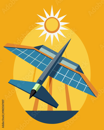 This tingedge aircraft absorbs the suns rays through its large solar panels converting them into power for its electric motors.. Vector illustration