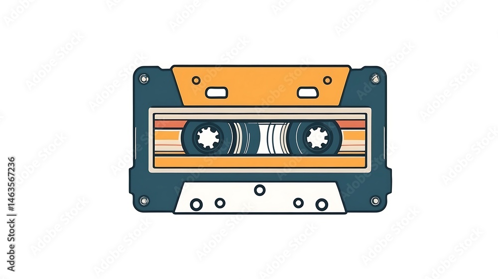 Obraz premium A retro cassette tape icon, flat colors and bold outlines, white backdrop