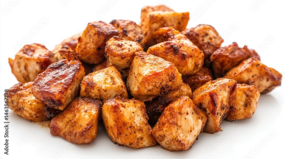 Scattered roasted chicken cubes with varying sizes, isolated on white, displaying a rustic and appetizing appearance Scattered roasted chicken cubes with varying sizes, isolated on white, displaying a rustic and appetizing appearance