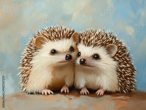 Two adorable hedgehogs cuddling in a charming oil painting style close up portrait of the spiny mammals