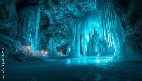 A stunning ice cave with glistening blue walls and intricate ice formations illuminated by soft natural light