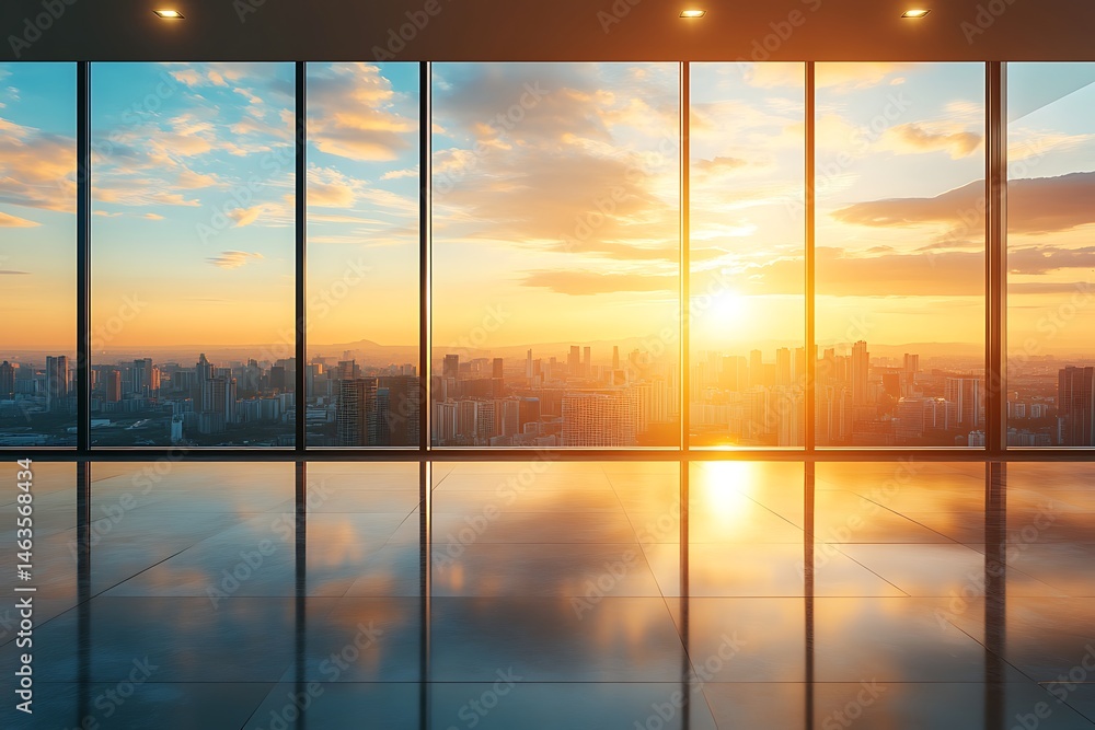 Fototapeta premium Empty modern office space with panoramic city sunset view