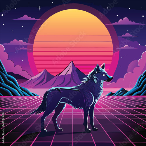 Cyberpunk Wolf Art – Neon Retro Futuristic Animal Design in Synthwave Style