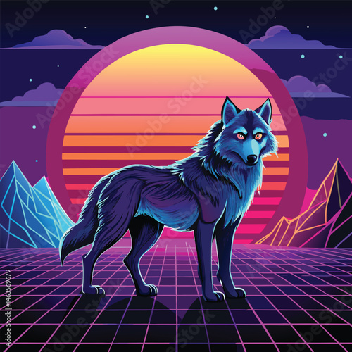 Cyberpunk Wolf Art – Neon Retro Futuristic Animal Design in Synthwave Style